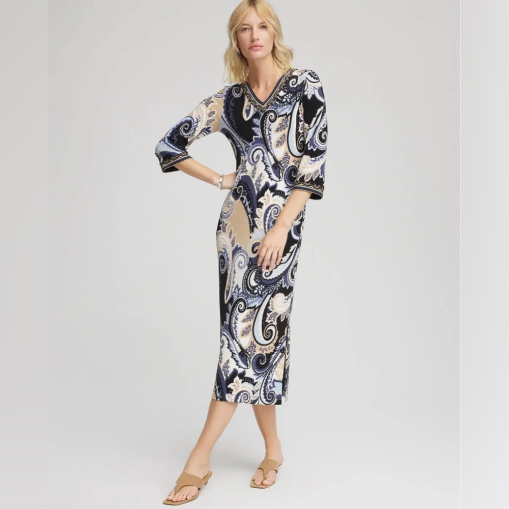 NWT Chico’s Paisley Dream Maxi Travelers dress Sz 00P US XS slinky canyon blue